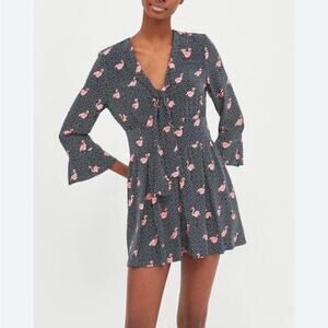 Zara Black and Pink Flamingos Romper. Pleated,  Sz.xs Birds Animals Polka Dot